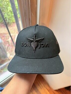 Bon Jovi Black On Black Trucker Hat Embroidered Winged Heart Dagger Snapback